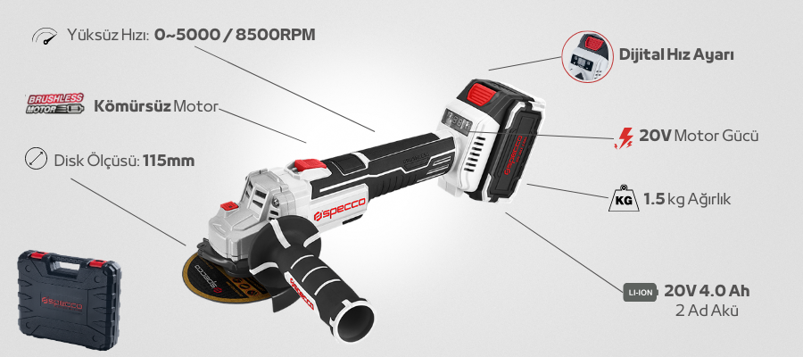 Specco Şarjlı Avuç Taşlama 20V Aküsüz