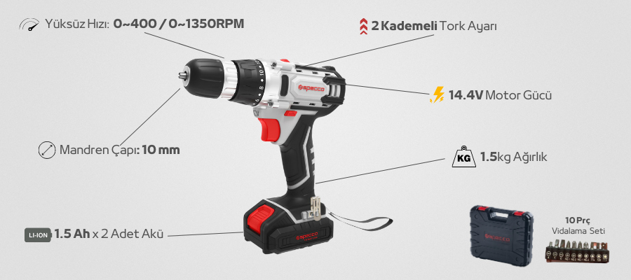 Specco 14.4 V Şarjlı Matkap Aksesuarlı Set