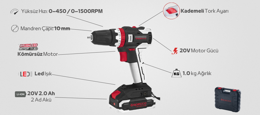 Specco Şarjlı Darbeli Matkap 20V Aküsüz